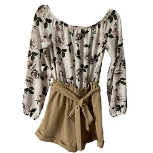 Streetwear Society Floral Off-Shoulder Romper - Cream and Tan - size small